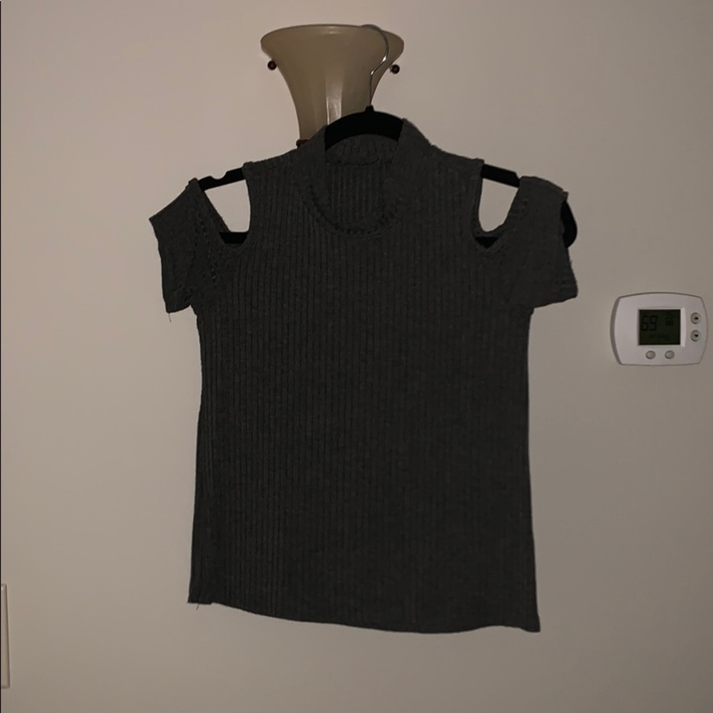 gray cold shoulder, high neck t-shirt
